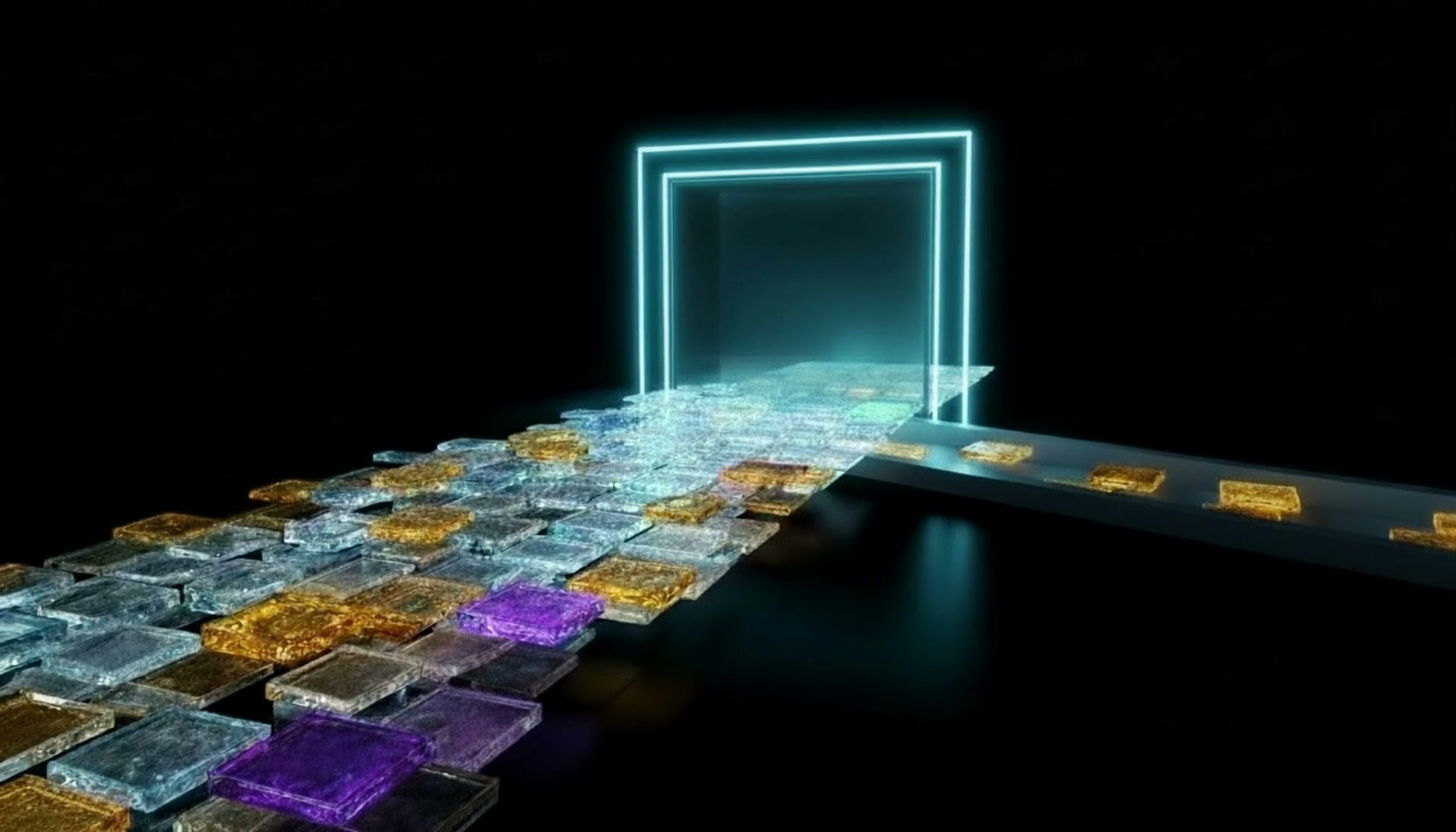 Illustration: a river of mixed glass tiles flows toward a glowing gate; clear tiles laminate into an ordered sheet through it while amber tiles rest in a contained side channel